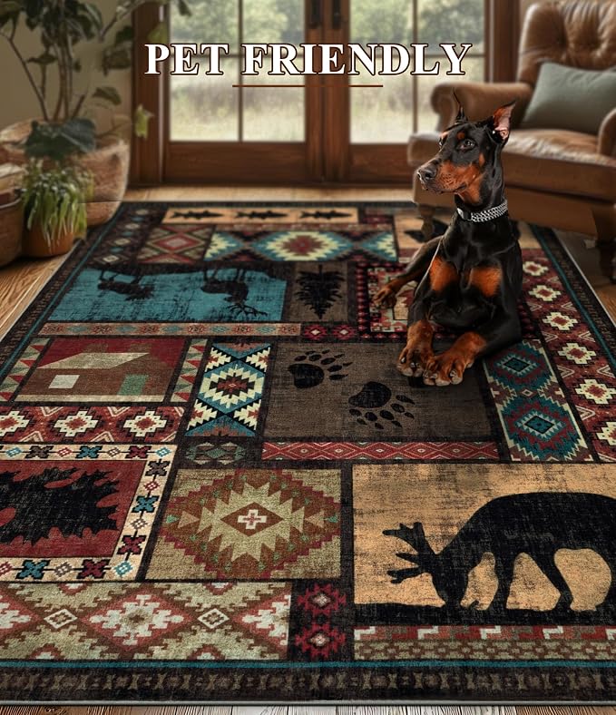 Rustic Cabin Area Rug 6x9, Machine Washable Lodge Bear Rug, Non-Slip Low Pile - Image 6