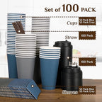 LITOPAK 100 Pack 16 oz Disposable Paper Coffee Cups with Lids, Sleeves and Stirring Sticks for Hot Coffee, Water or Juice, Blue and Gray Hot Paper Cups for Cafes, schools, offices, shops