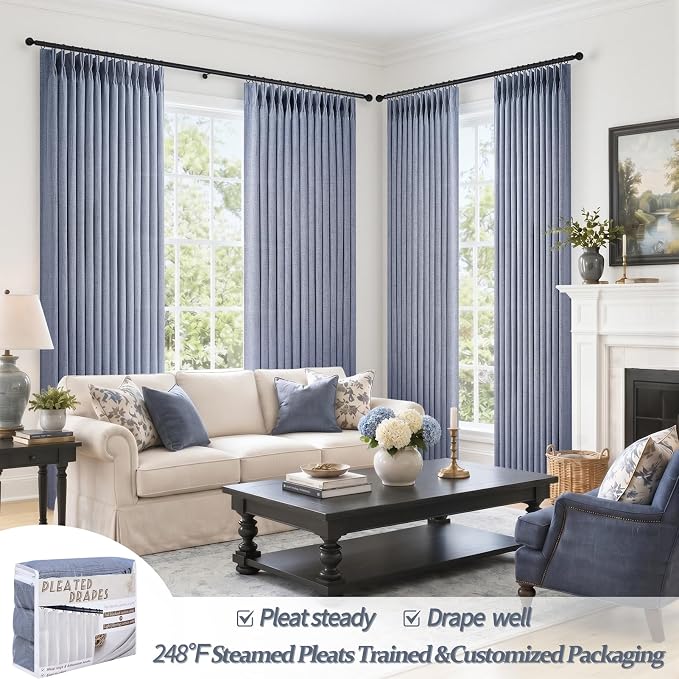 Dusty Blue 102 Inch Extra Long Memory Trained Pleated Linen Sheer Curtains - Image 4
