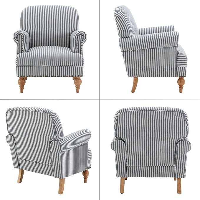 Blue Striped Linen Fabric Accent Chairs Set of 2, Coastal Upholstered Armchairs - Image 9