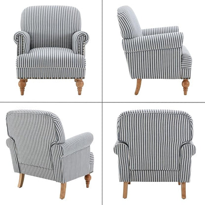 Blue Striped Linen Fabric Accent Chair, Coastal Upholstered Armchair - Image 9