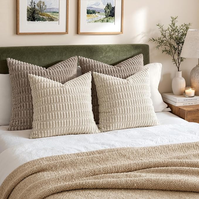 MIULEE Euro Sham Corduroy Decorative Throw Pillow Covers 24x24 Cream White | - Image 2