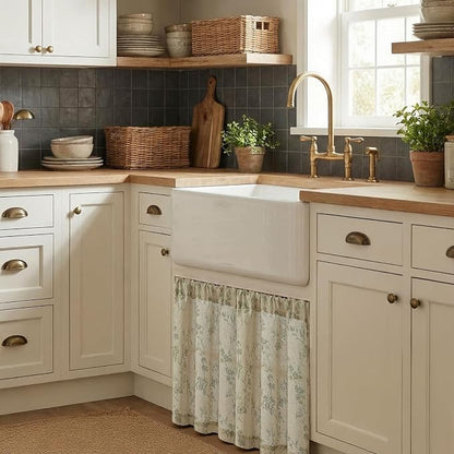 Green on Beige Linen Kitchen Curtains Rod Pocket 26W X 24L 2 Panels | Elisa - Image 2