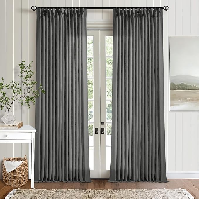 Charcoal Gray Linen Pinch Pleat Semi Sheer 120 Inch Curtains 2 Panels Set | by Twodrapes