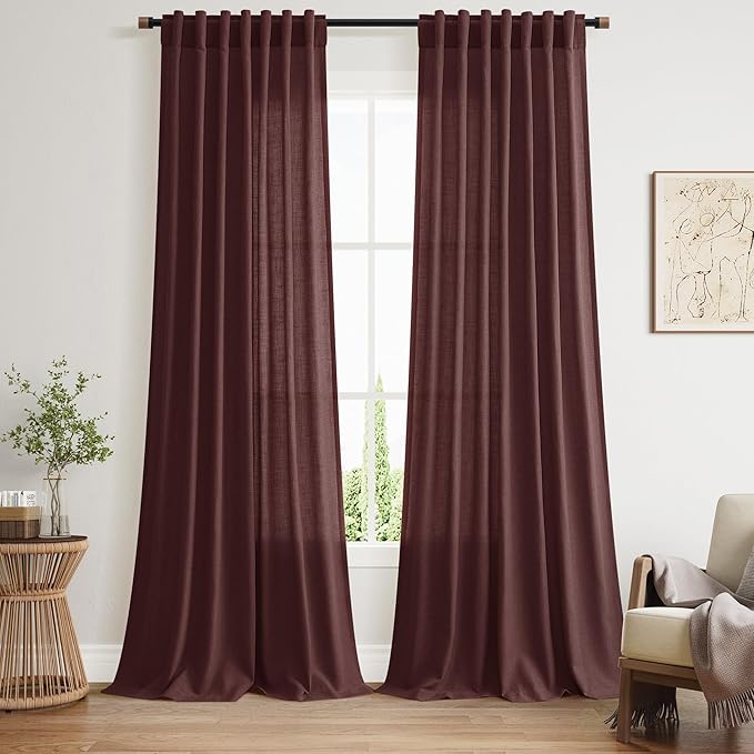 Reddish Brown Linen Blend Light Filtering Back Tab Curtains 96 Inches Long by Nanspring