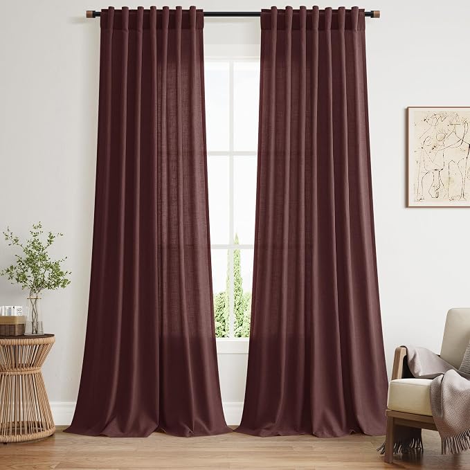 Reddish Brown Linen Curtains 90 Inch Long 2 Panels Set by Nanspring