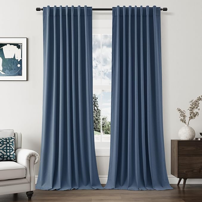 Denim Blue 100% Blackout Linen Curtains 120 Inch Length 2 Panels Set by Guken
