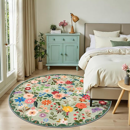 PLHXFR Round Area Rug Living Room: 6 ft Floral Washable Soft Carpet Green | - Image 3