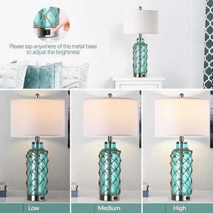 Cottage Nautical Accent Table Lamp Set of 2, Touch Coastal Blue Green Glass - Image 2