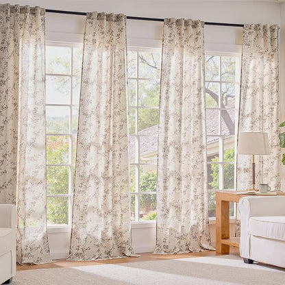 Taupe Vintage Floral Linen Curtains Farmhouse 38W X 96L 2 Panels | Elisa Series - Image 7