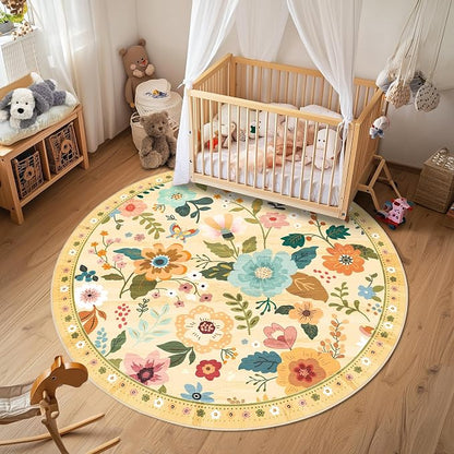 RELEANY Floral Washable Round 6ft Area Rug Ivory/Yellow | Flower Carpet Print by RELEANY