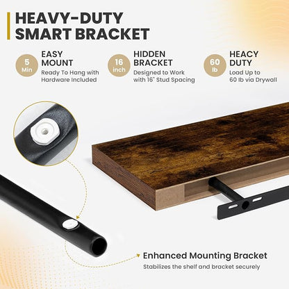 Acovy 72 Inch Floating Shelves, 9.3" Deep Floating Shelf Wall Mounted, Rustic - Image 4