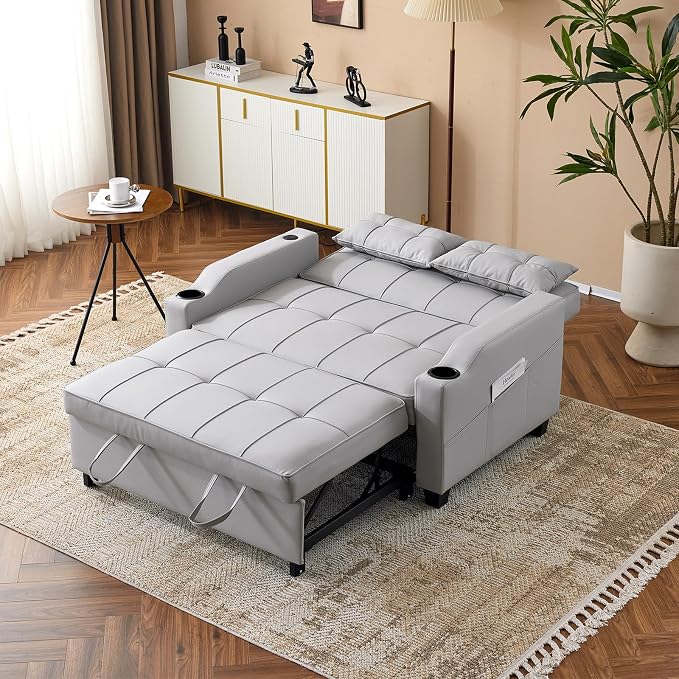 VINGLI Light Grey Futon Sofa Bed Convertible Loveseat Sleeper Couch, Faux - Image 9