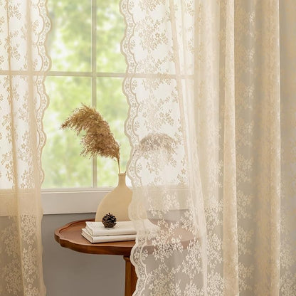 YJ YANJUN Vintage Lace Curtains 84 Inches Long-Retro Floral Beige Sheer Curtain - Image 3