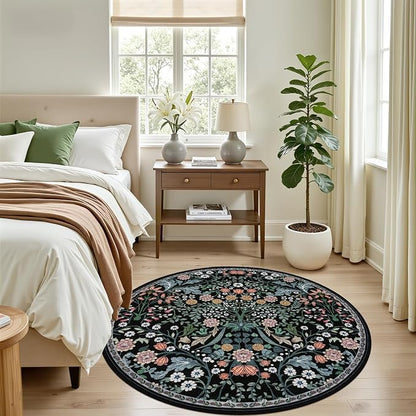 PLHXFR Round Area Rug Living Room: 4 ft Floral Washable Carpet Dark Black | - Image 3