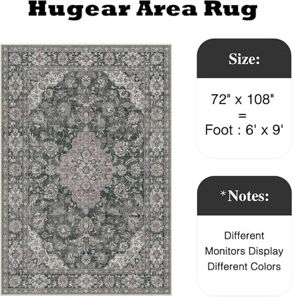 6x9 Black Grey Retro Floral Washable Area Rug - Image 2