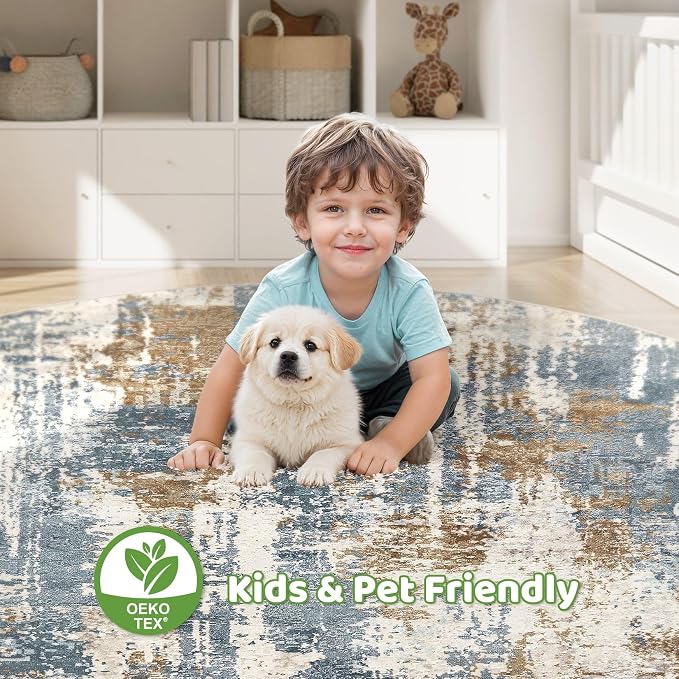 LOONGRUG Round Rug 8x8 Washable Large Neutral Modern Circle Rugs Blue Tan | - Image 7