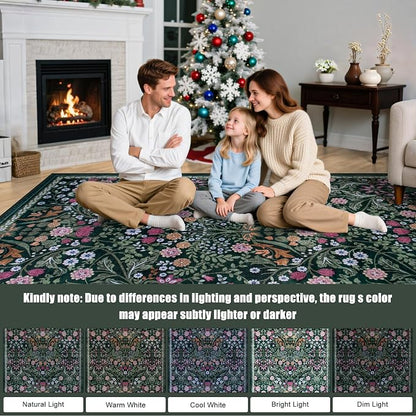 PLHXFR Area Rug Living Room: 5x7 Floral Washable Boho Carpet Dark Green | - Image 9