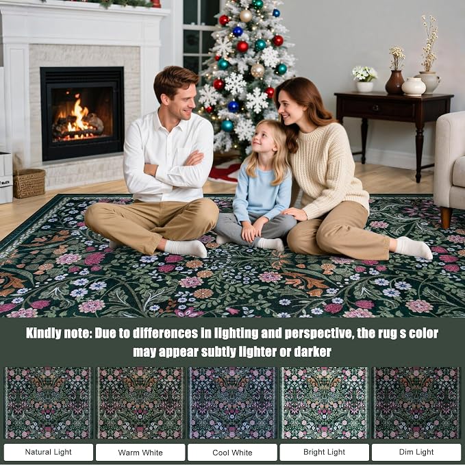 PLHXFR Area Rug Living Room: 4x6 Floral Washable Boho Carpet Dark Green | - Image 9