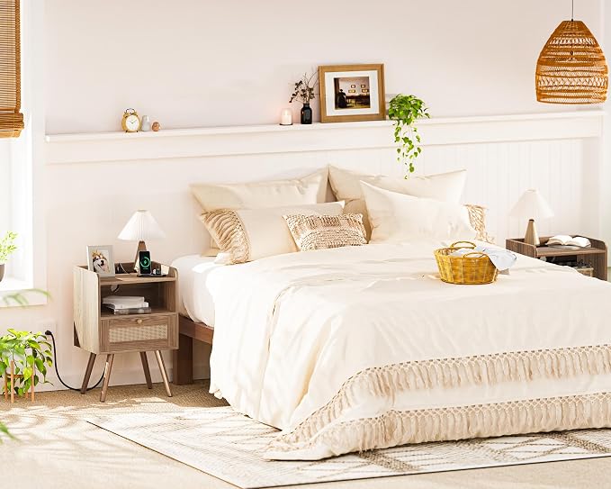 SUPERJARE Nightstand with Charging Station & Rattan-Like Decor Drawer, Rattan - Image 9