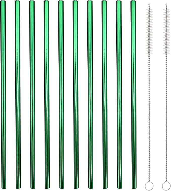 10 Pcs Stainless Steel Straws, Reusable Drinking Straws, Straight Metal Straw Sets with 2 Pcs Cleaning Brushes (8.5 Inch, Green)