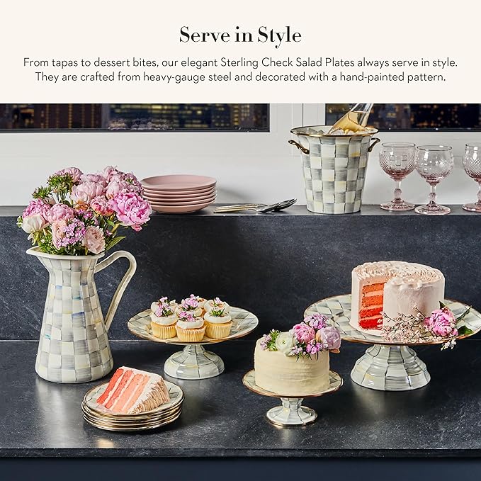 MACKENZIE-CHILDS Enamel Salad and Dessert Plate, Small Plate for a Dessert or Appetizer Dish, 8 Inches, Set of 4, Gray-and-White Sterling Check