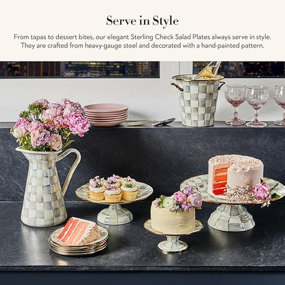 MACKENZIE-CHILDS Enamel Salad and Dessert Plate, Small Plate for a Dessert or Appetizer Dish, 8 Inches, Set of 4, Gray-and-White Sterling Check