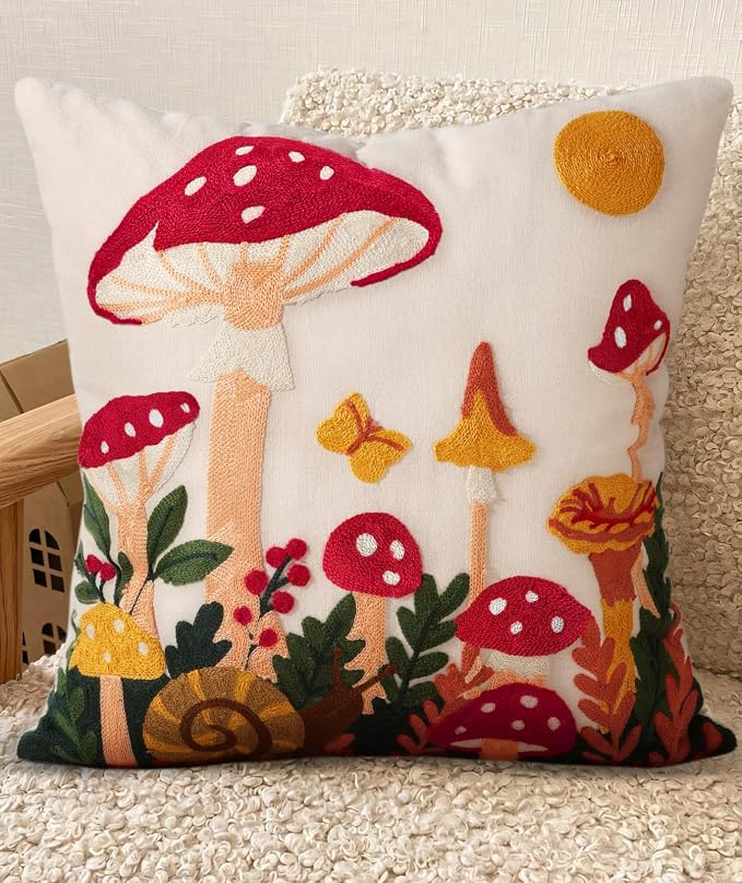 Embroidered Throw Pillow Cover 18x18 Inch, Mushroom Moon | Decorative Pillow by Kokaaee