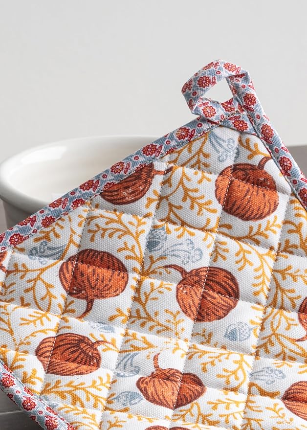 Maison d' Hermine Pot Holders Set 100% Cotton Heat Resistant Potholders 8" x 8" Hot Pads with Loop BBQ, Cooking, Baking, Grilling, Kitchen, Handling Hot Pans (Pack of 2, Harvest Festival)