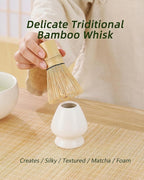 ZENS Matcha Whisk Set, 6pcs Matcha Kit Set Includes Ceramic Bowl and Bamboo Whisk & (Chasen Holder), Sifter, Scoop -Tea Towel, Japanese Chawan with Spout for Lovers, White