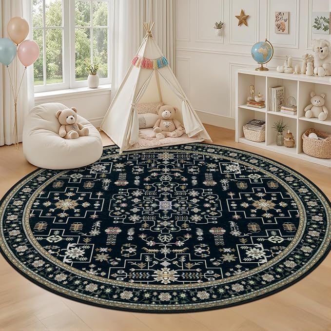 Round Area Rug for Living Room: 8ft Washable Rug for Bedroom Black | Vintage - Image 5