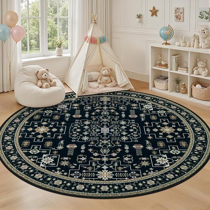 Round Area Rug for Living Room: 4ft Washable Rug for Bedroom Black | Vintage - Image 5