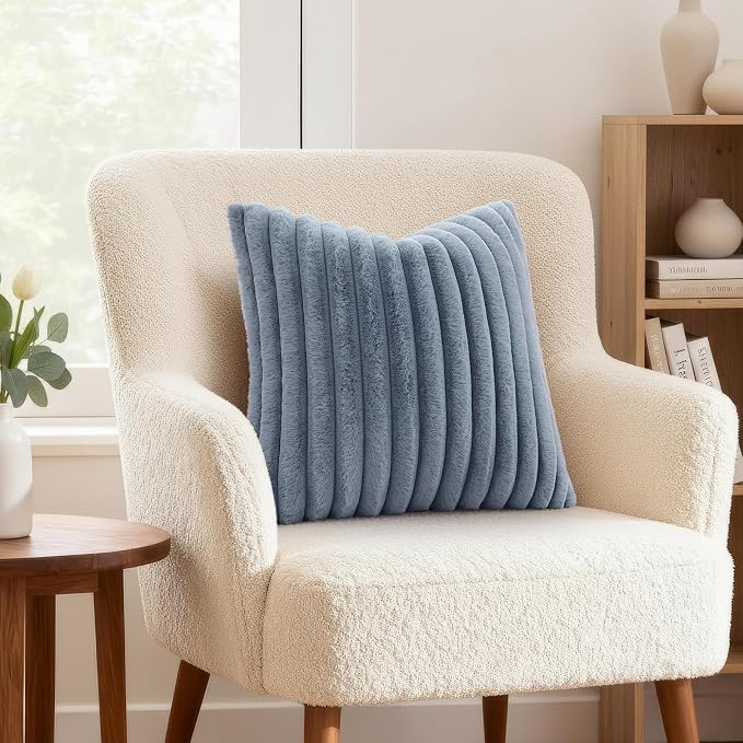 decorUhome Fall Faux Fur Throw Pillow Covers 22x22 Set of 2 Grey Blue | - Image 4