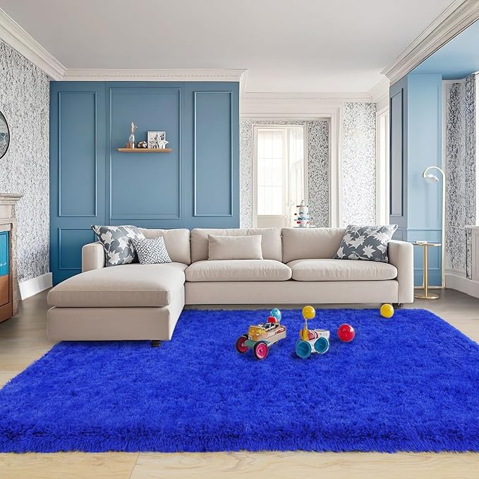 Pionblank 8x10 Rug for Living Room, Fluffy Plush Large Area Rug, Royal Blue | - Image 5