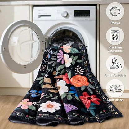 PLHXFR 2x6 Washable Runner Rug：Floral Indoor Kitchen Soft Carpet Black | - Image 7