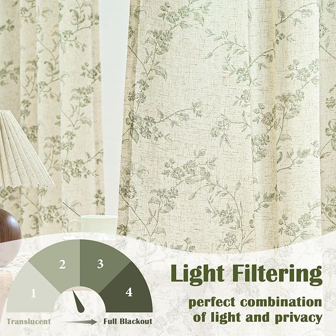 Green Vintage Floral Linen Curtains Farmhouse 50W X 63L 2 Panels | Elisa Series - Image 3