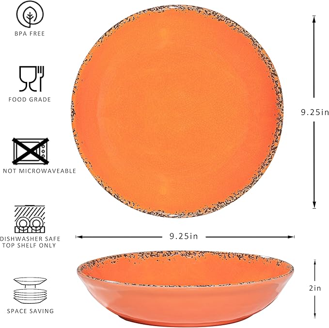 Farmhouse Melamine Pasta Bowls set, 42 OZ Large Fruit Bowl, Lightweight and Unbreakable Salad Serving Bowl, Set of 6, 9.25 inch Wide and Shallow Dinner Bowls, Dishwasher Safe,Orange…