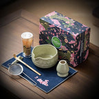 Matcha Whisk Set, Ceramic Matcha Set Includes Matcha Bowl, Matcha Whisk and Holder, Bamboo Scoop, Scoop Rest, Sifter and Tea Towel - 7 Pcs Matcha Kit for Matcha Lovers (Mottled Green)
