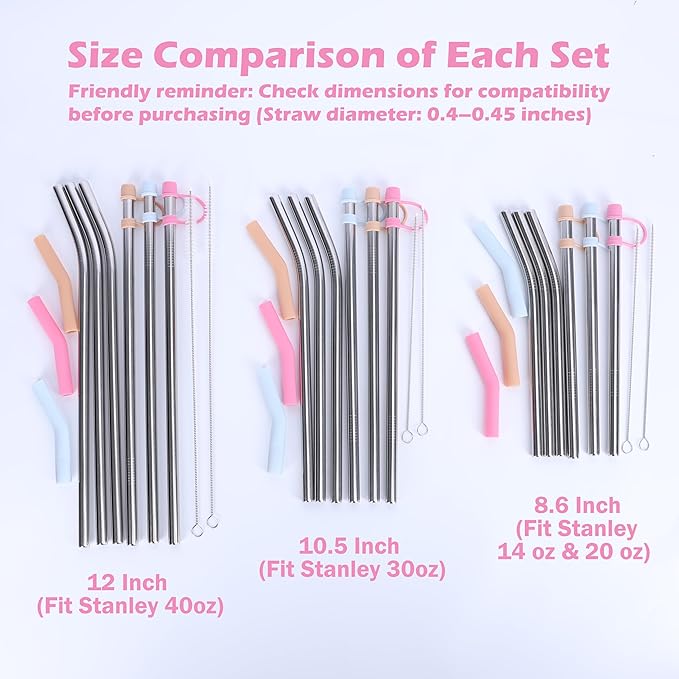 Stainless Steel Straws with covers fit Stanley 30oz tumbler, Reusable 10.5 Inch Metal Straw with Silicone Tips & Cover Caps, Compatible with Stanley Quencher H2.0 (6 Pack: 3 Bent + 3 Straight)