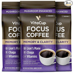 VitaCup Focus Mushroom Coffee Grounds, with Lions Mane, Chaga, B Vitamins, D3, Boost Focus, Immunity, Memory & Clarity, Medium Dark Roast, Bold & Smooth 100% Arabica Specialty, 3 bags, 10oz each