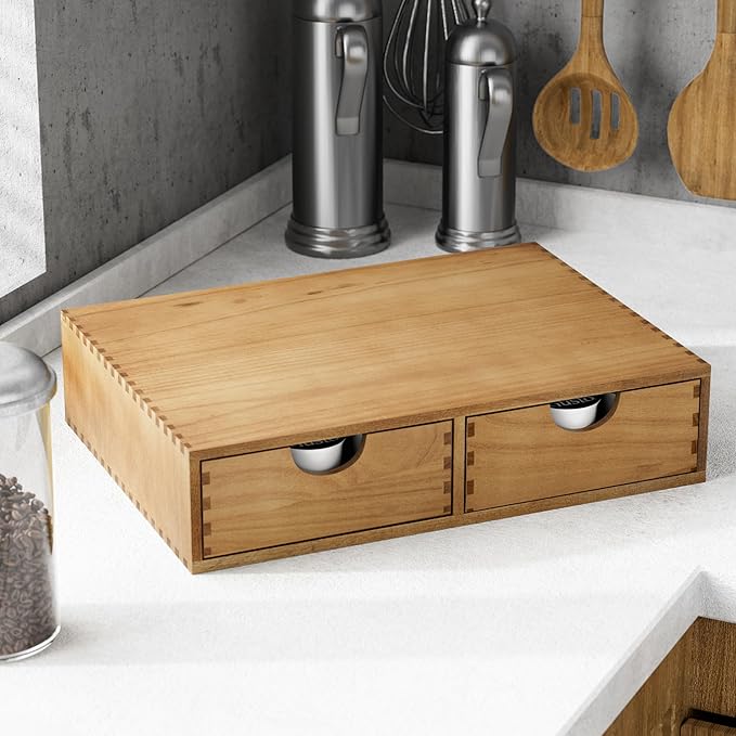 Pine Wood K Cup Organizer, Coffee Pod Storage Box for Counter, Coffee Pods and Tea Organizer Holder, K Pod Drawer Coffee Maker Machine Stand for Kitchen Office Coffee Bar (30 Pods Capacity, Walnut)