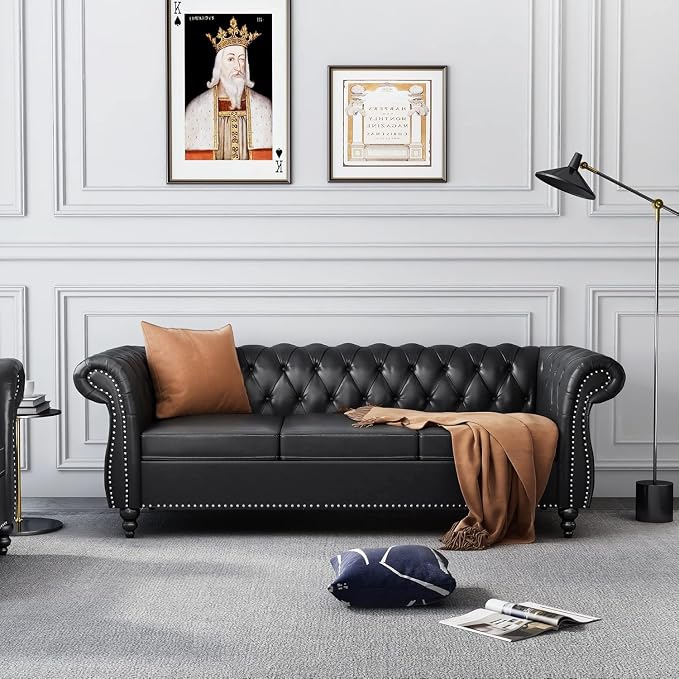 Mid-Century 3 Seater Sofa, Faux Leather Couch - Image 3