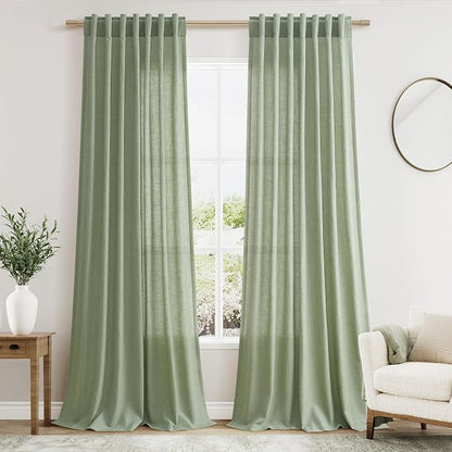 Sheer Light Sage Linen Curtains 102 Inches Long Rod Pocket Back Tab Drapes 2 by Nanspring