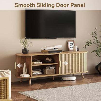 63 inch TV Stand with Power Outlet, Fluted Entertainment Center - Image 3
