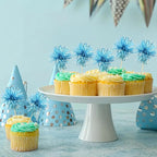 Ephlyn 30Pcs Foil Firework Cupcake Toppers Sparkle Tinsel Cupcake Picks Happy Birthday Cake Toppers Drink Stirrers Cocktail Food Toothpicks for Baby Shower Birthday Party Supplies Lake Blue