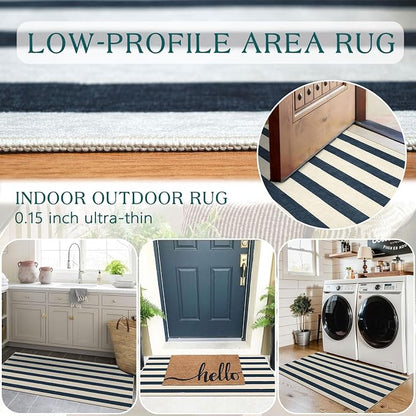Front Door Mat Indoor Entrance, 2x4.3 Ft Blue and White Striped Rug | Washable - Image 5
