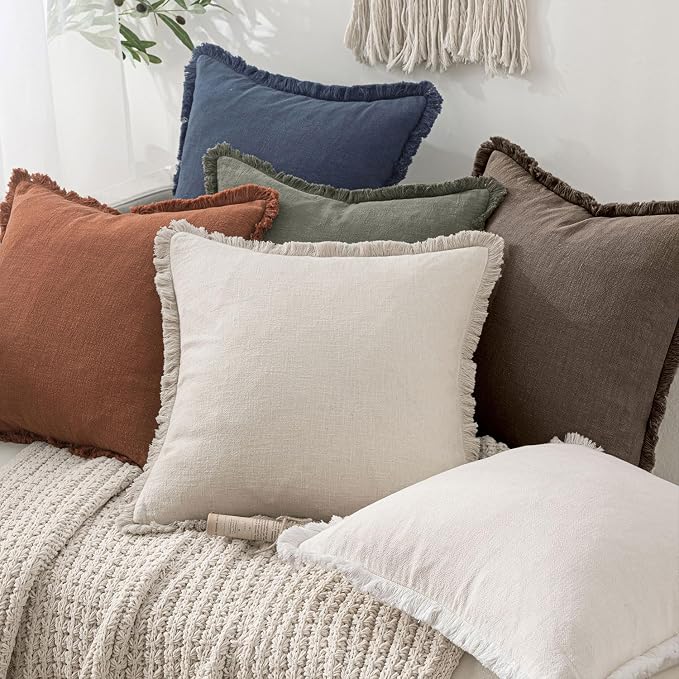 MIULEE Linen Fringe Decorative Fall Euro Throw Pillow Covers Coffee 26x26 | Set - Image 6