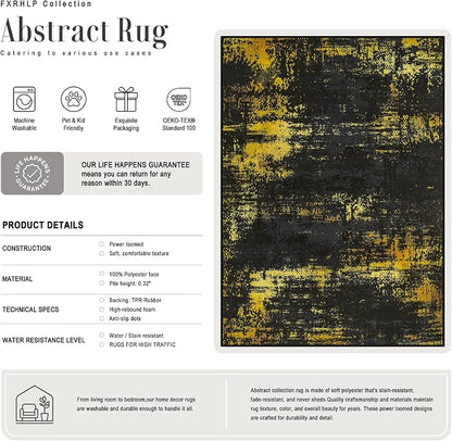 2x6 Washable Runner Rug：Modern Abstract Soft Carpet Black Gold | - Image 3