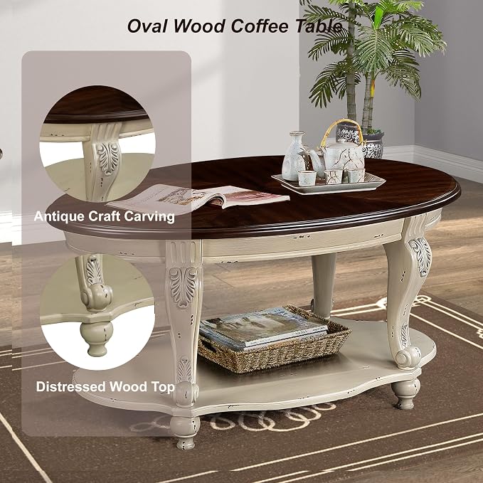 Oval Wood Coffee Table for Living Room, 2-Tier Solid Wood Coffee Table - Image 4