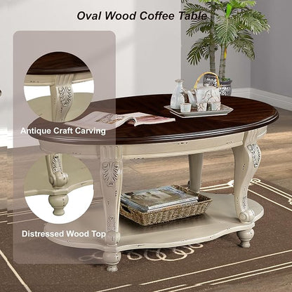 Oval Wood Coffee Table for Living Room, 2-Tier Solid Wood Coffee Table - Image 4